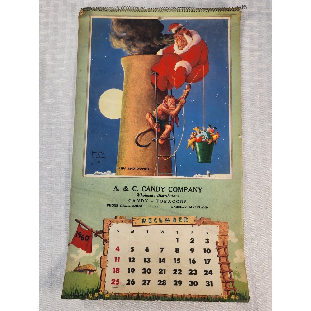 Vintage 1960 Lawson Wood Monkey Calendar Marking Time Art Spiral Bound 12 Months